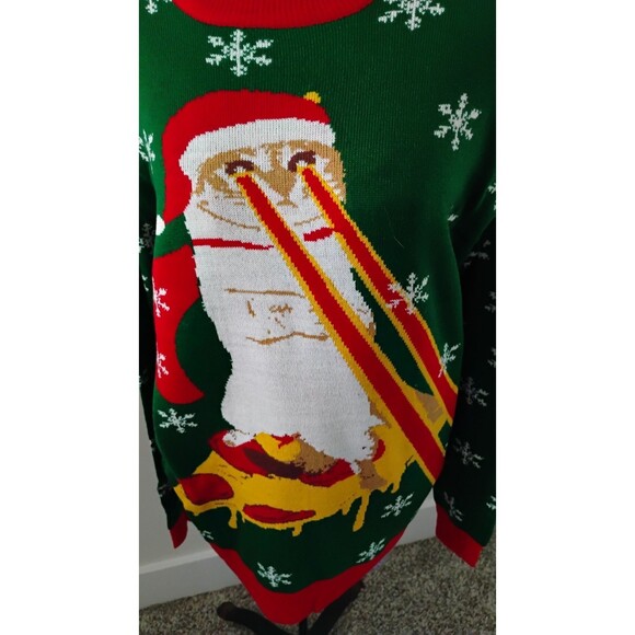 Ugly Christmas Sweater Cat Pizza Laser Eye Sz M Humor Holiday Party Unisex - Picture 2 of 8